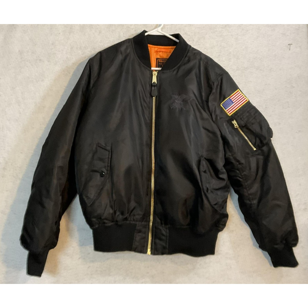 Burk's Bay Jacket Mens XL‎ Black Bomber Bravo Series USA Flag Patch Lined Eagle